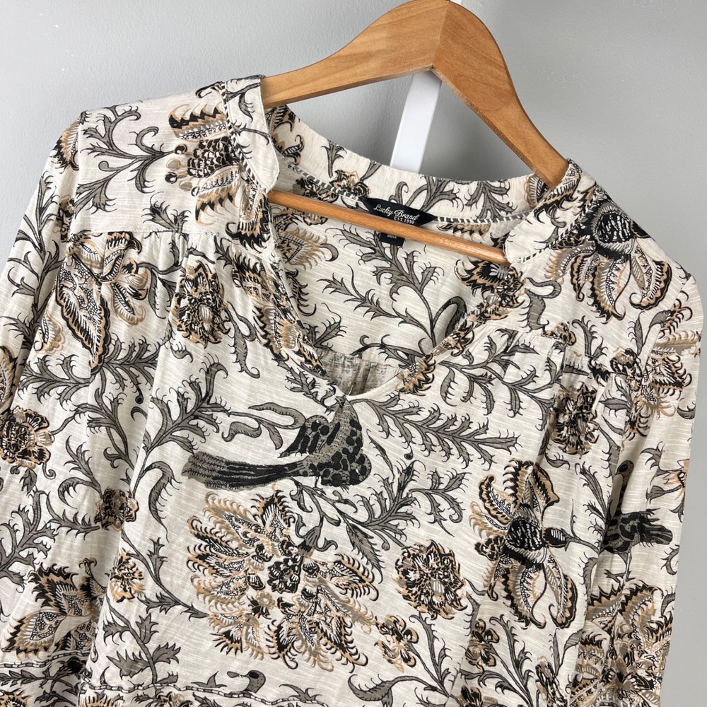 Lucky Brand Boho Peasant Top Womens M Floral‎ Bird Print Gray Black Tan